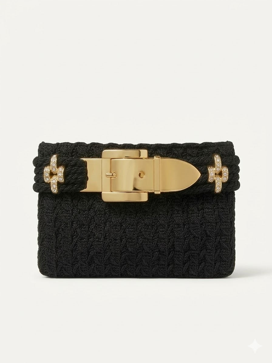 Black woven clutch bag with gold buckle clasp and crystal embellishments — Jimmy Choo | Endless UAE