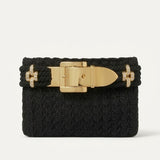 Black woven clutch bag with gold buckle clasp and crystal embellishments — Jimmy Choo | Endless UAE