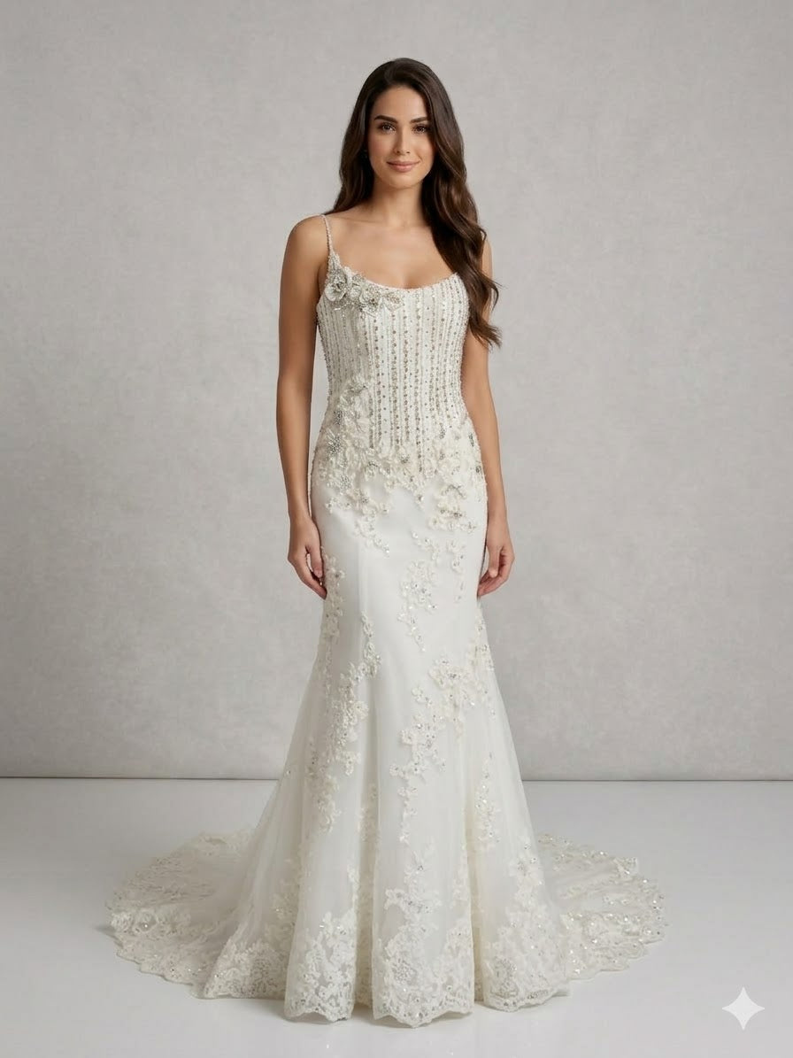 Ivory mermaid wedding gown with beaded bodice and embellished skirt — Enzoani | Endless UAE