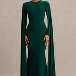 Woman wearing bottle green maxi dress with cape sleeves and crew neckline — Club L London | Endless UAE