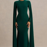 Woman wearing bottle green maxi dress with cape sleeves and crew neckline — Club L London | Endless UAE