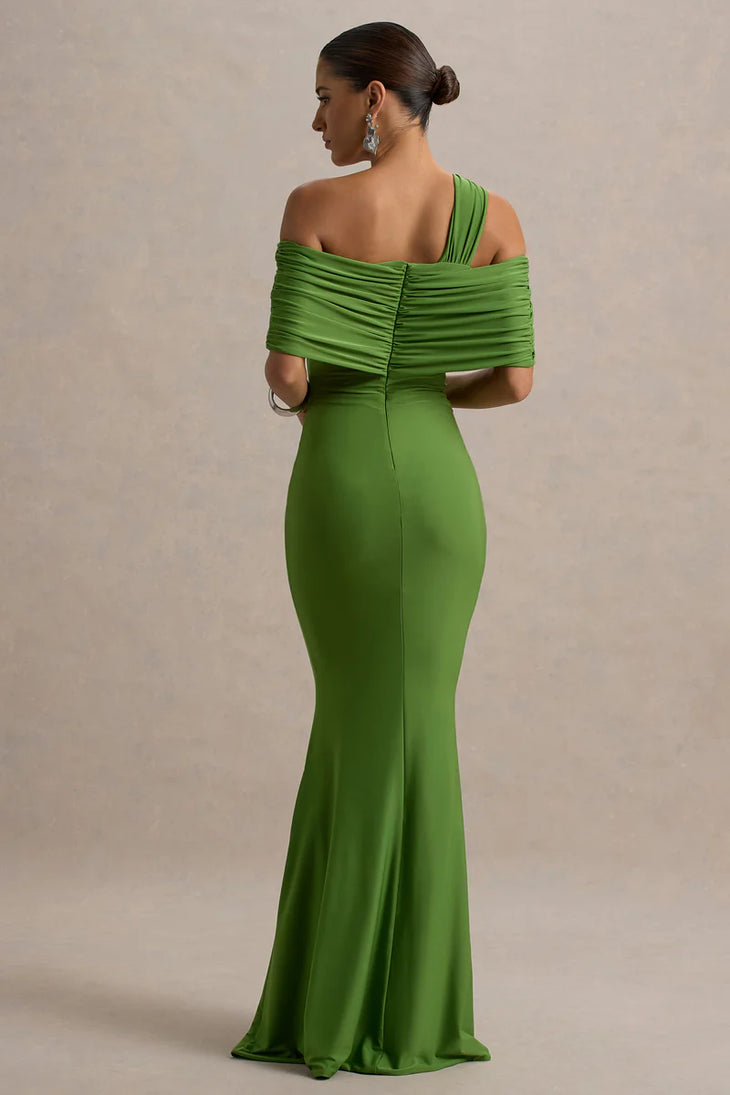 Elegant green maxi dress with asymmetric off-shoulder ruched bodice and figure-hugging silhouette — Club L London | Endless UAE