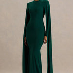 Woman wearing bottle green maxi dress with cape sleeves and crew neckline — Club L London | Endless UAE