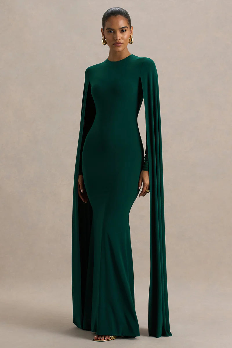 Woman wearing bottle green maxi dress with cape sleeves and crew neckline — Club L London | Endless UAE