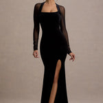 Black velvet bodycon maxi dress with sheer mesh long sleeves, square neckline and high leg slit — Club L London | Endless UAE