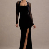 Black velvet bodycon maxi dress with sheer mesh long sleeves, square neckline and high leg slit — Club L London | Endless UAE