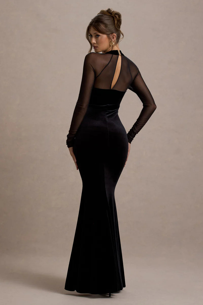 Black velvet maxi dress with sheer mesh long sleeves, high neck, cutout back detail, and bodycon silhouette — Club L London | Endless UAE