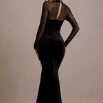 Black velvet maxi dress with sheer mesh long sleeves, high neck, cutout back detail, and bodycon silhouette — Club L London | Endless UAE