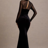 Black velvet maxi dress with sheer mesh long sleeves, high neck, cutout back detail, and bodycon silhouette — Club L London | Endless UAE