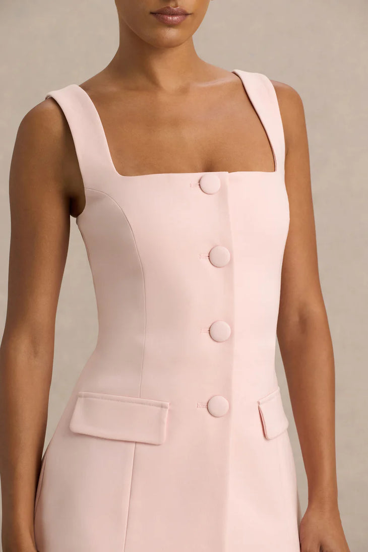 Pale pink sleeveless mini dress with square neckline, covered button front closure and flap pockets — Club L London | Endless UAE