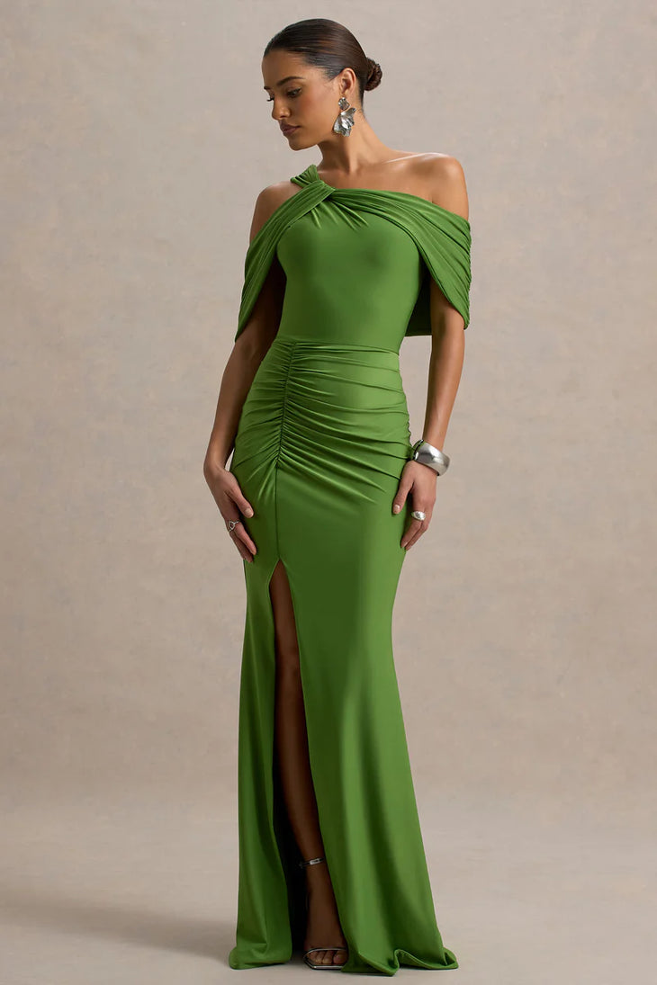Green asymmetric maxi dress with draped off-shoulder neckline, ruched waist detail and thigh-high slit — Club L London | Endless UAE