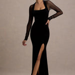 Black velvet maxi dress with sheer mesh sleeves, square neckline and high leg slit — Club L London | Endless UAE