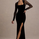 Black velvet maxi dress with sheer mesh sleeves, square neckline and high leg slit — Club L London | Endless UAE