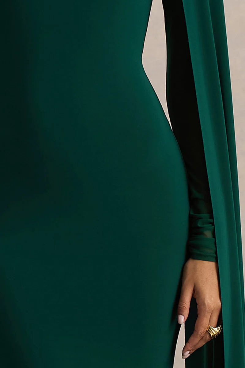 Woman wearing bottle green maxi dress with cape sleeves and crew neckline — Club L London | Endless UAE