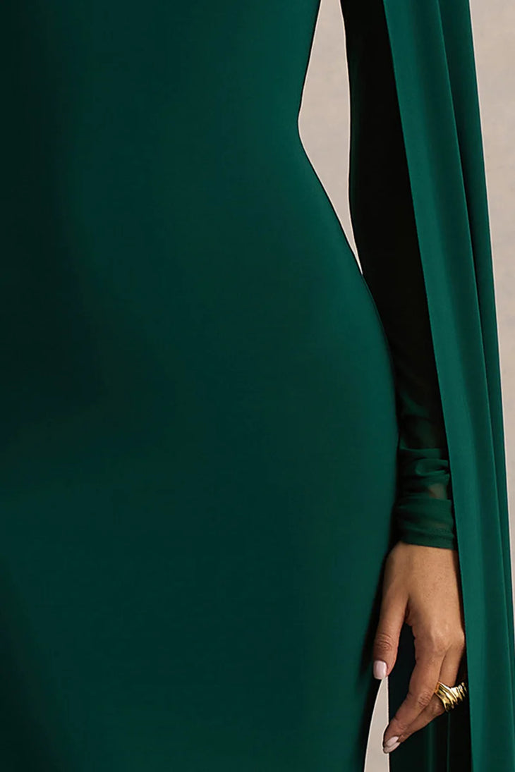 Woman wearing bottle green maxi dress with cape sleeves and crew neckline — Club L London | Endless UAE