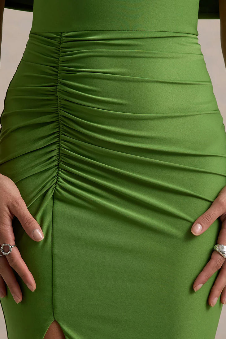Green satin maxi dress with ruched side detailing and asymmetric hem, close-up of ruching detail — Club L London | Endless UAE
