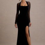Black velvet maxi dress with sheer mesh long sleeves, square neckline, and high leg slit — Club L London | Endless UAE
