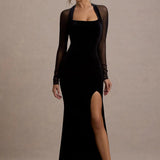 Black velvet maxi dress with sheer mesh long sleeves, square neckline, and high leg slit — Club L London | Endless UAE