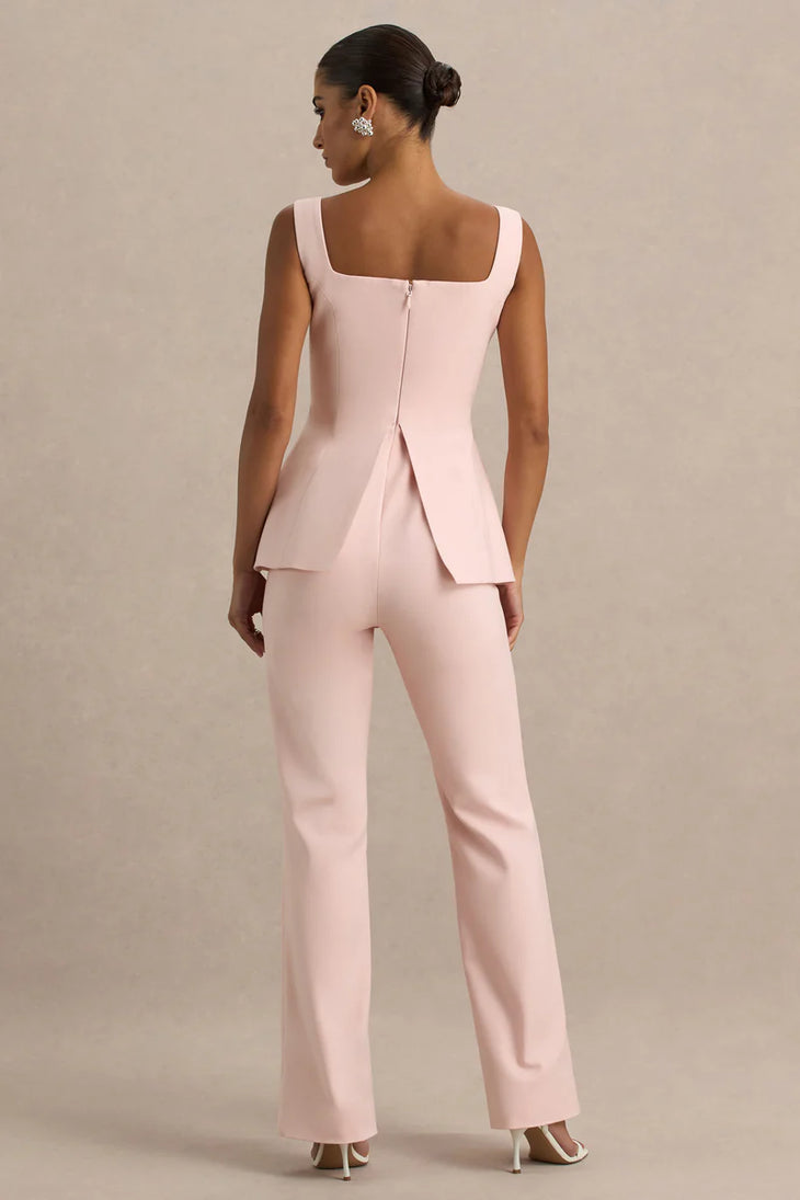 Elegant pale pink peplum top and trousers co-ord set with square neckline and back zip detail — Club L London | Endless UAE