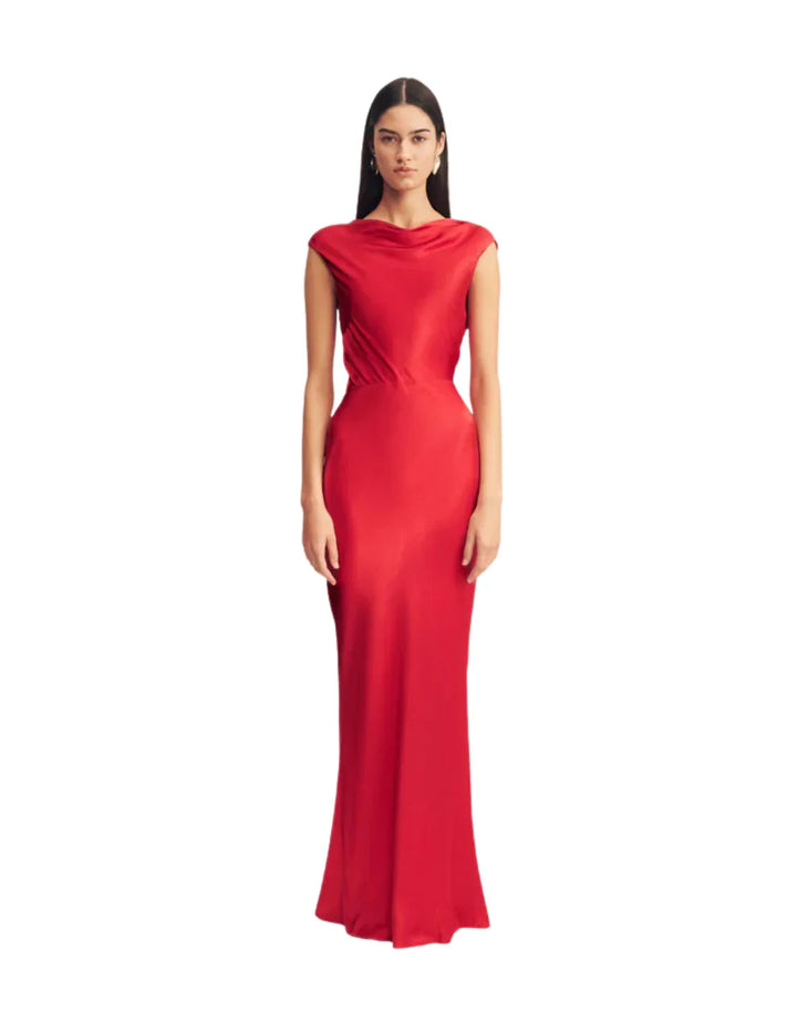 Red cowl neck sleeveless maxi dress with fitted silhouette — Shona Joy | Endless UAE
