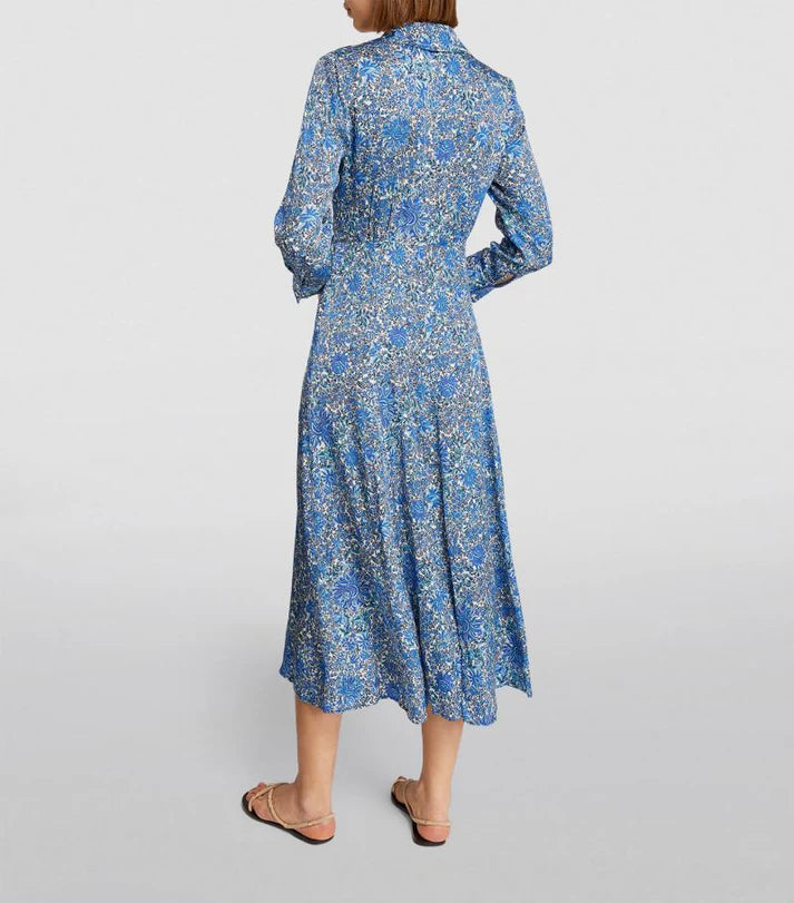 Blue floral print midi dress with long sleeves and flowing skirt, shown from back — Sandro | Endless UAE