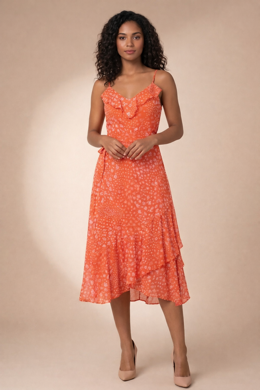 Woman wearing coral floral print midi dress with ruffled neckline and asymmetrical hem — Karl Lagerfeld | Endless UAE