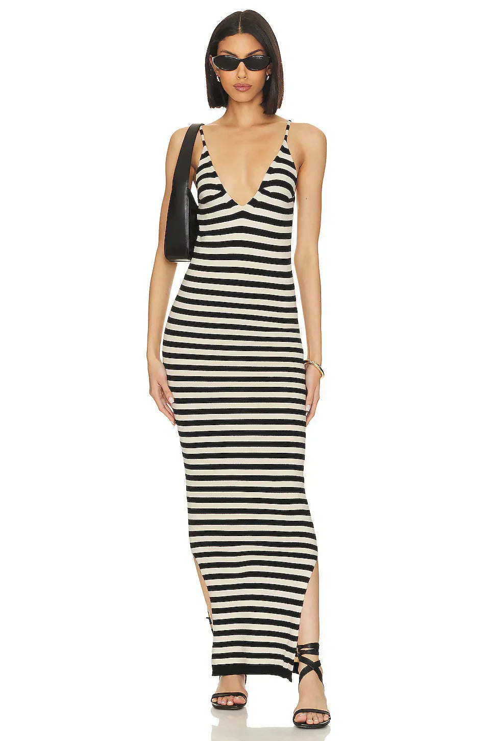 Black and white striped maxi dress with deep V-neckline and side slit — SNDYS | Endless UAE