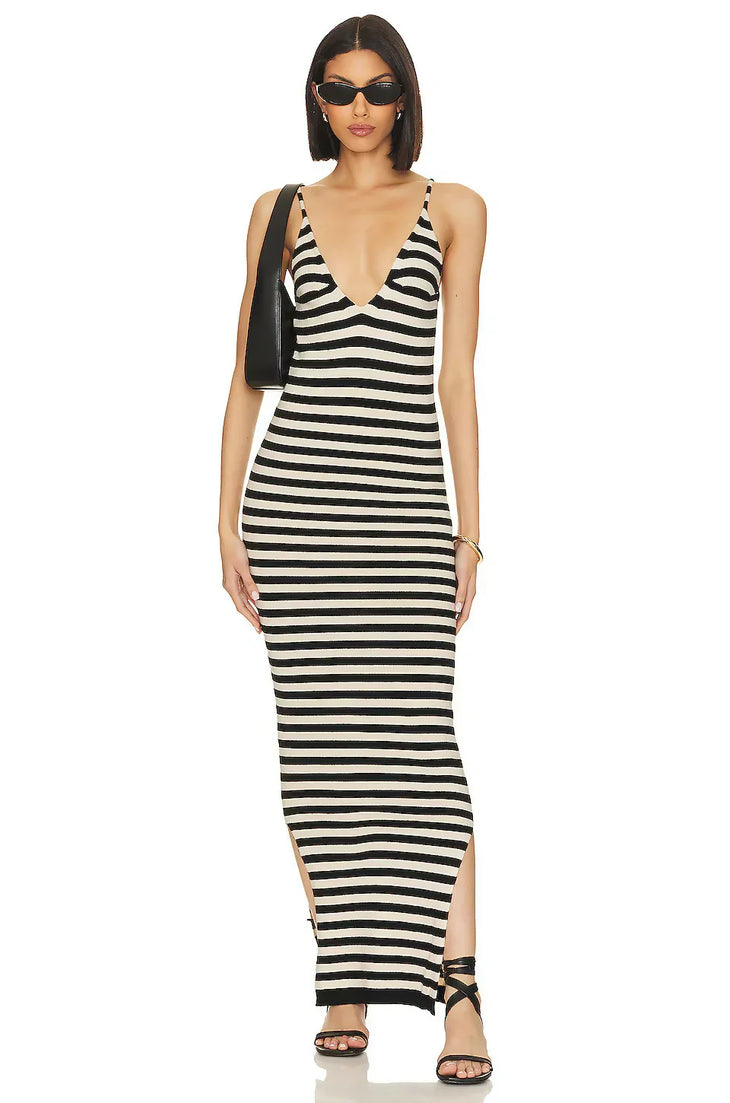 Black and white striped maxi dress with deep V-neckline and side slit — SNDYS | Endless UAE