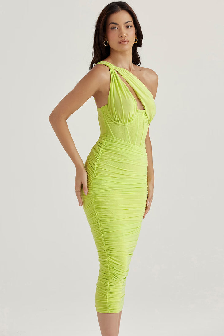 Lime green ruched bodycon midi dress with asymmetric one-shoulder neckline and cutout detail — House of CB | Endless UAE