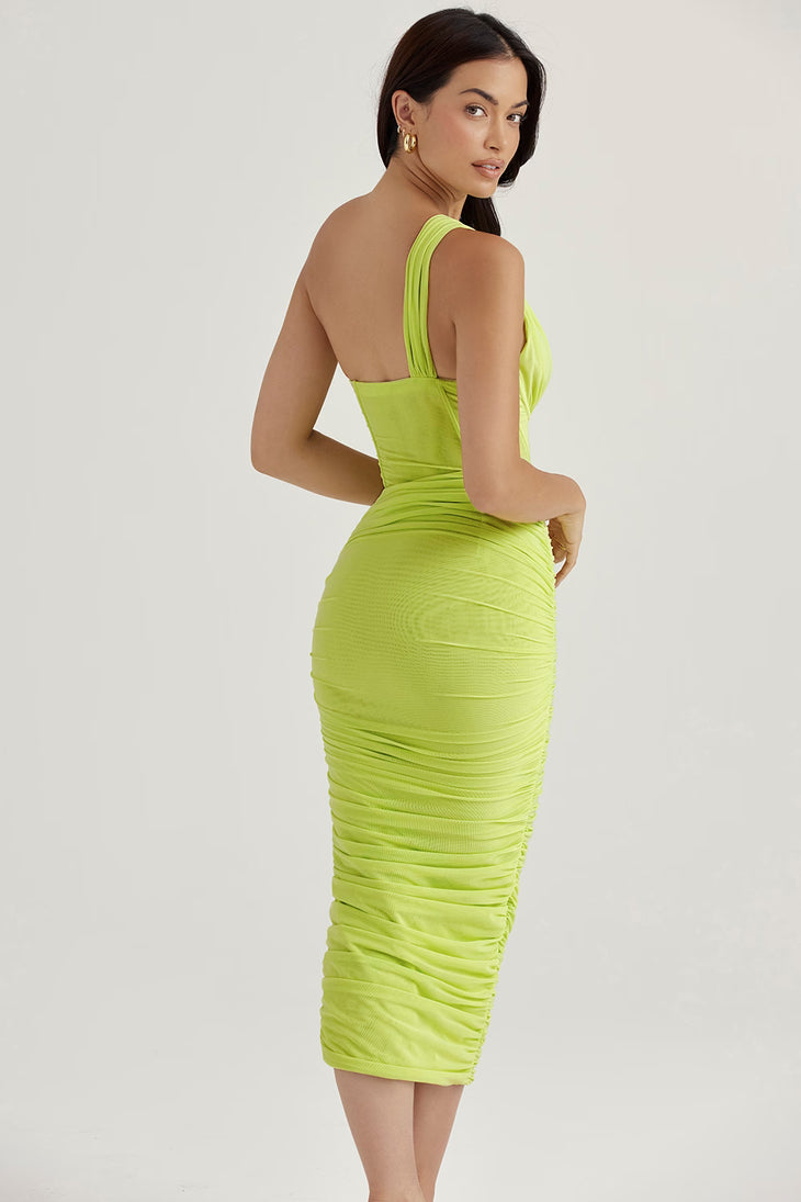 Neon yellow-green ruched asymmetric cutout midi dress with single shoulder strap, form-fitting silhouette — House of CB | Endless UAE