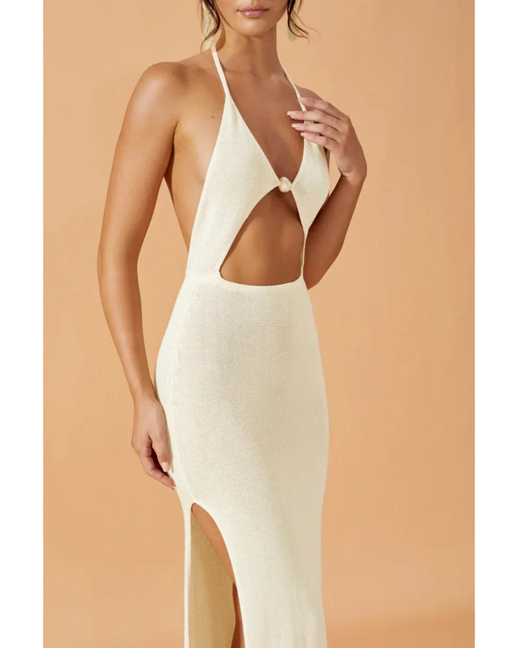 Zoelle Dress in cream with halter neckline and cutout details — Flook The Label | Endless UAE