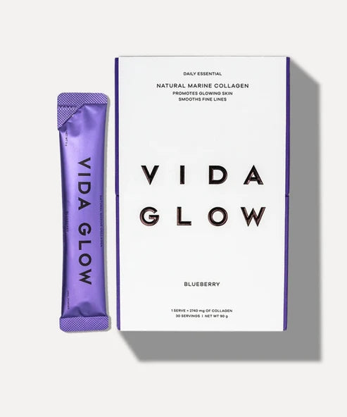 Vida Glow Blueberry Natural Marine Collagen sachets box with single packet displayed — 16Arlington | Endless UAE