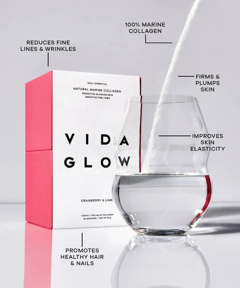 Vida Glow Natural Marine Collagen sachets in Cranberry & Lime flavor with product box — Vida Glow | Endless UAE