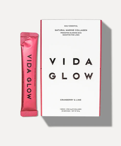 Vida Glow Natural Marine Collagen sachets in Cranberry & Lime flavor with product box — Vida Glow | Endless UAE