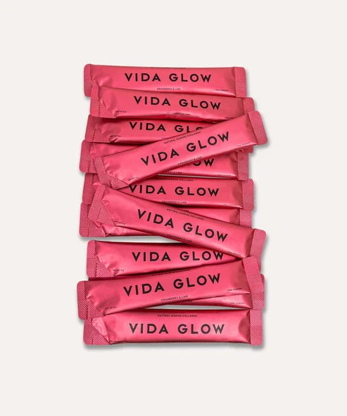 Vida Glow Natural Marine Collagen sachets in Cranberry & Lime flavor with product box — Vida Glow | Endless UAE