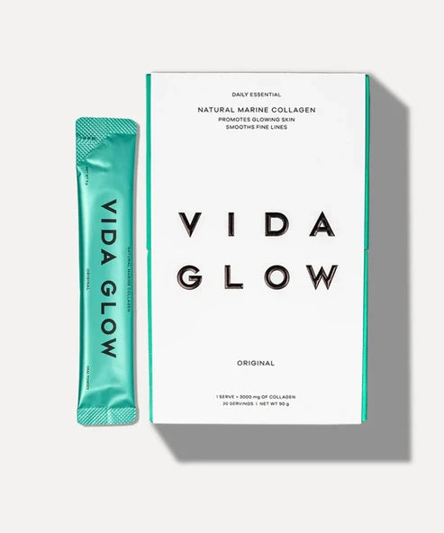 Vida Glow Natural Marine Collagen sachets in turquoise packaging with product box — Powder Beauty | Endless UAE