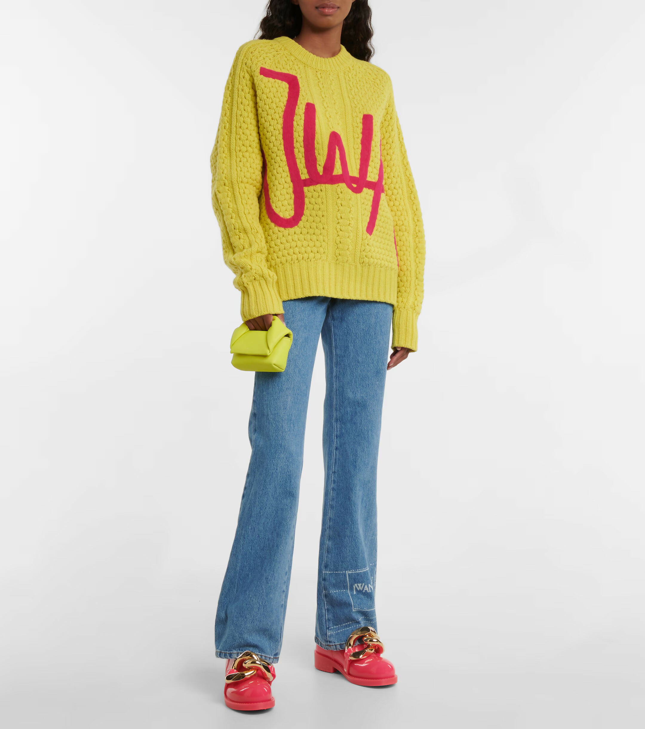 Yellow nano leather crossbody bag with curved top handle and chain strap — JW Anderson | Endless UAE