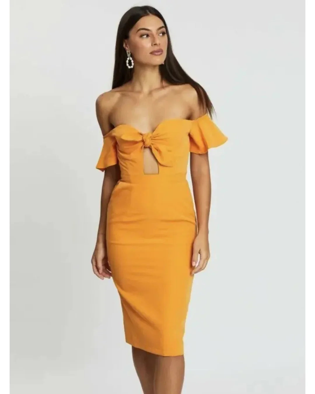 Golden yellow off-shoulder midi dress with bow detail — Runaway The Label | Endless UAE