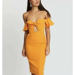 Golden yellow off-shoulder midi dress with bow detail — Runaway The Label | Endless UAE