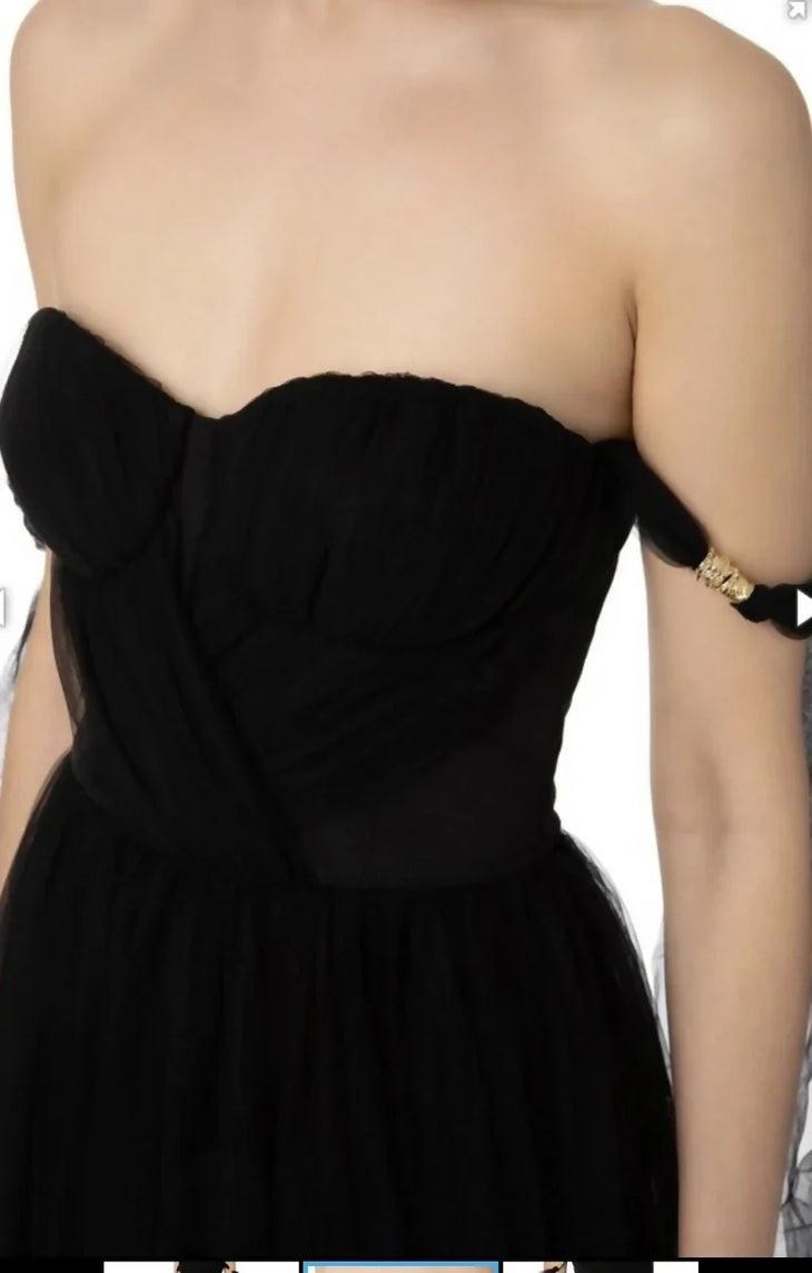 Black tulle off-shoulder gown with ruffled sleeves — Elisabetta Franchi | Endless UAE