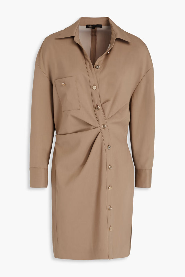 Beige button-front mini shirt dress with long sleeves and chest pockets — Maje | Endless UAE