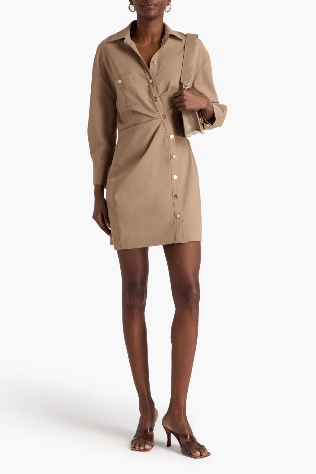 Beige button-front mini shirt dress with long sleeves and chest pockets — Maje | Endless UAE