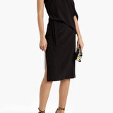 Black one-shoulder draped stretch-crepe dress with belted waist and side slit on model — Halston | Endless UAE