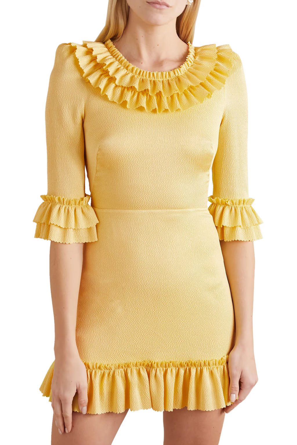 Yellow ruffled silk-blend mini dress with three-quarter sleeves — The Vampire's Wife | Endless UAE