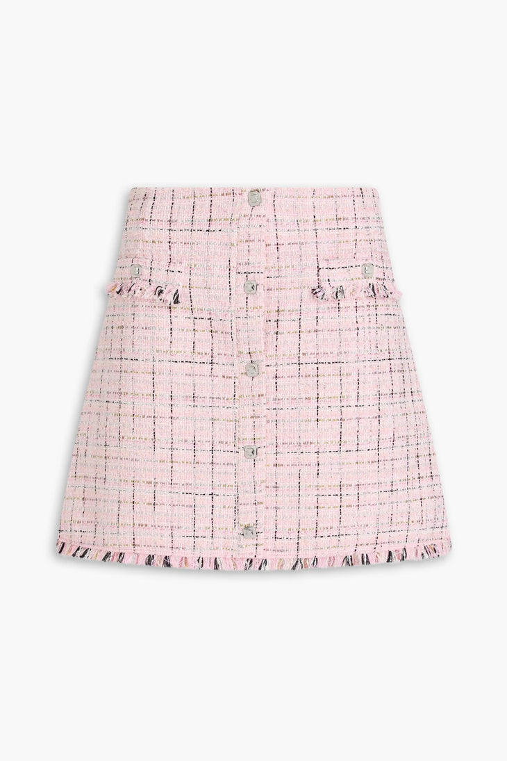 Pink metallic tweed mini skirt with frayed trim, front pockets, and button-down closure — Maje | Endless UAE
