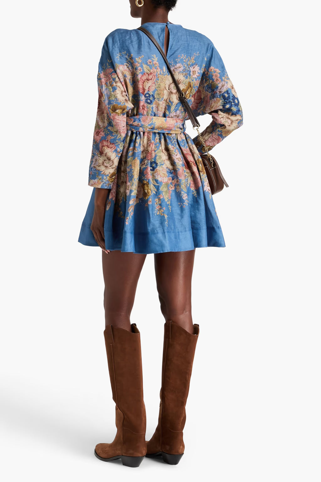 Belted floral-print linen mini dress in blue with long sleeves and bow detail — Zimmerman | Endless UAE