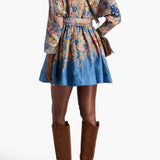 Belted floral-print linen mini dress in blue with long sleeves and bow detail — Zimmerman | Endless UAE