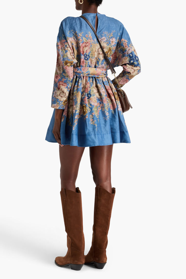 Belted floral-print linen mini dress in blue with long sleeves and bow detail — Zimmerman | Endless UAE