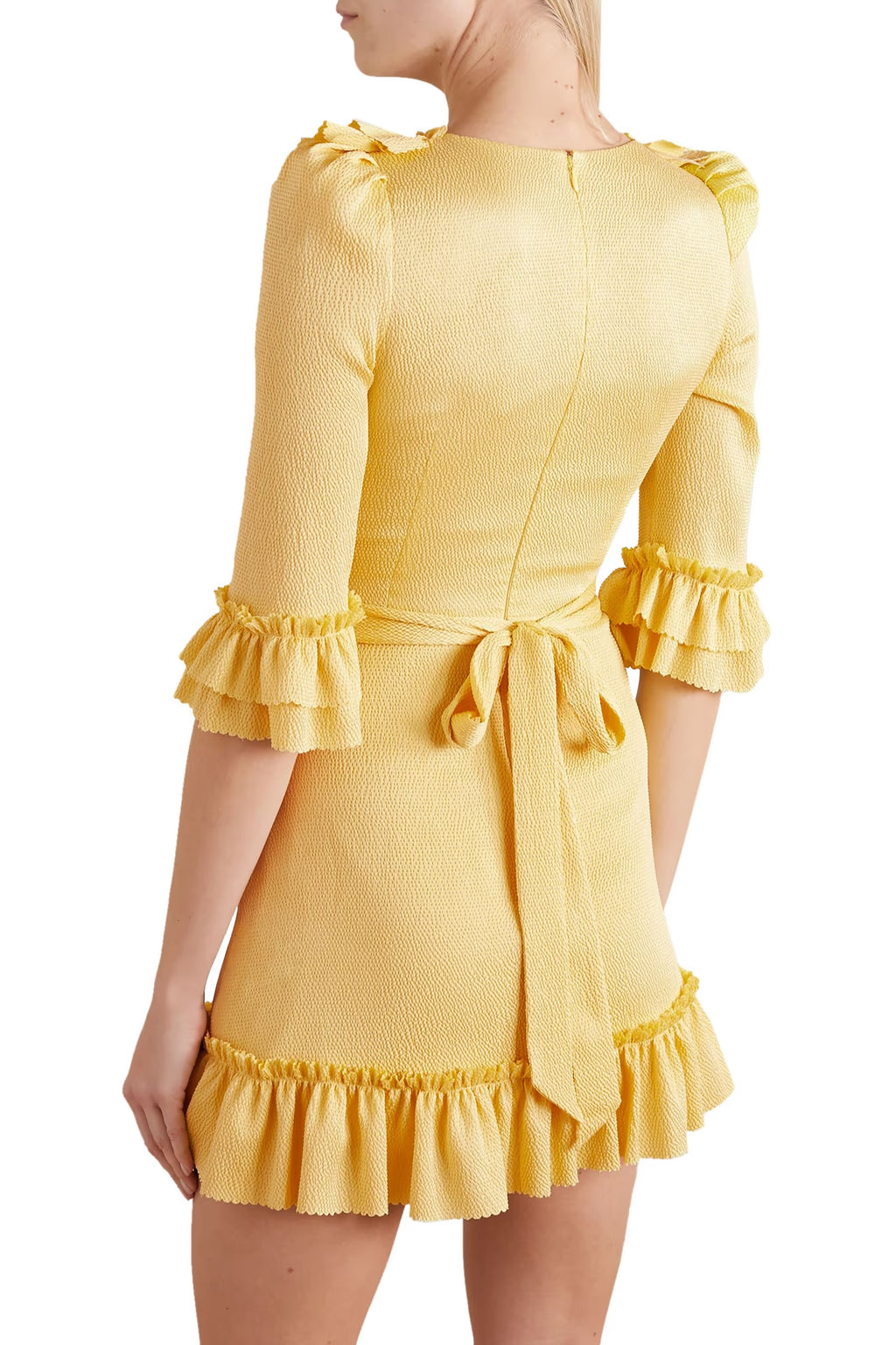 Yellow ruffled silk-blend mini dress with three-quarter sleeves — The Vampire's Wife | Endless UAE