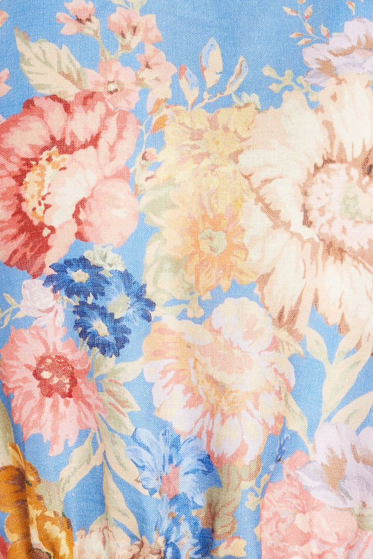 Belted floral-print linen mini dress in blue with long sleeves and bow detail — Zimmerman | Endless UAE